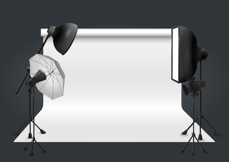 Photo studio with lighting equipment and background. Vector illustration.のイラスト素材
