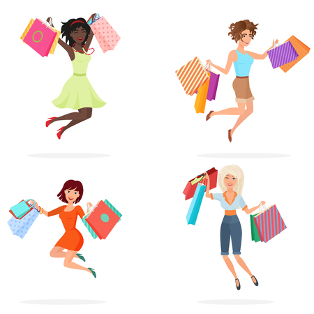 Happy women jump with shopping bags. Young girls jumping holding packages with purchases. Cartoon vector illustration.のイラスト素材