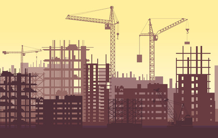 Buildings under construction in process. Urban construction site with cranes and skyscrapers.のイラスト素材
