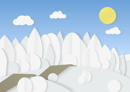Vector Illustration of cardboard paper forest with low poly trees and bushes in snow. Winter landscape.のイラスト素材