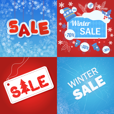 Vector illustration of blue and red colored winter sale announcements with ice and snow.のイラスト素材