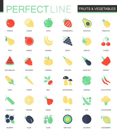 Vector set of flat Fruits and vegetables icons.のイラスト素材
