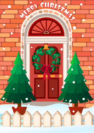 Vector illustration of door with wreath. Merry Christmas greeting card.のイラスト素材
