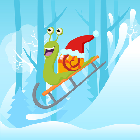Vector illustration of snail with Christmas hat riding sledge on snowy hillのイラスト素材