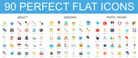 90 modern flat icon set of beauty, wedding, travel cruise icons.のイラスト素材