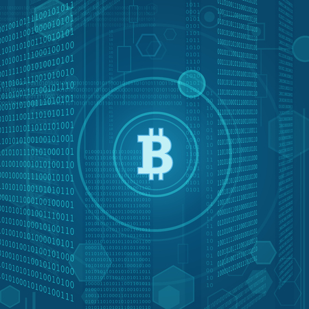 Vector Modern concept illustration of bitcoin emblem on blue digital background.の写真素材