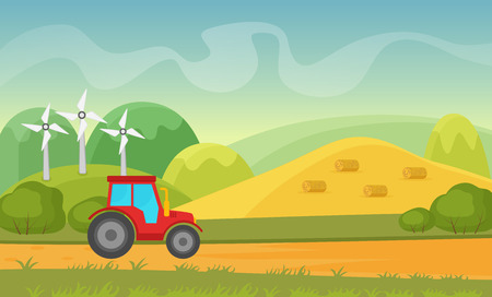 Agriculture and Farming agribusiness. Summer autumn rural cartoon vector landscape with wind power plant and tractor.の写真素材