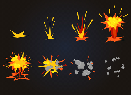 Vector cartoon boom explosion effect with smoke. Flash explode animation for gameのイラスト素材