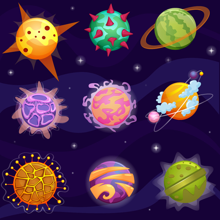 Vector Cute cartoon fantasy fantastic planets set on galaxy stars backgroundのイラスト素材