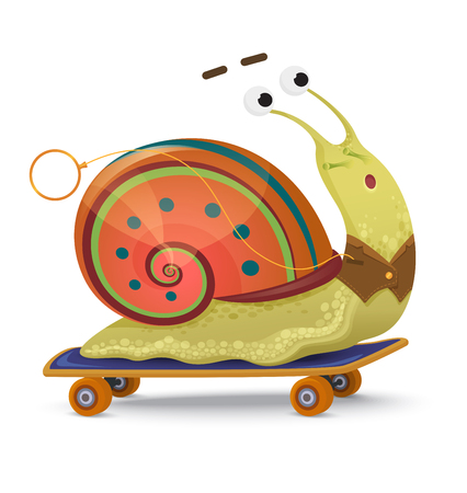 Fast snail. Cute cartoon snail on a skateboardのイラスト素材