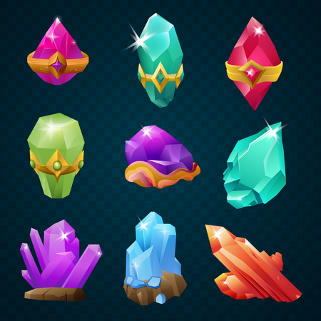 Set of colorful magic energy gems gemstones with amulets belt shapes. Vector game design.のイラスト素材