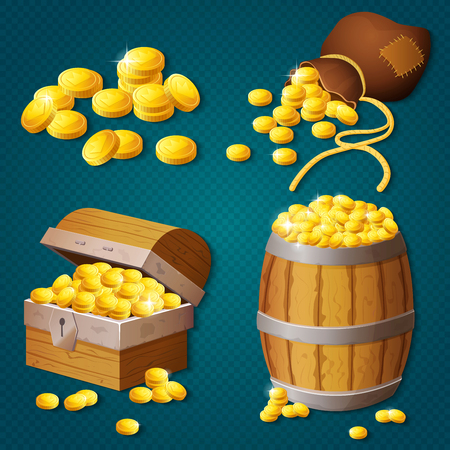 Old wooden chest, barrel, old bag with gold coins. Game style treasure vector illustration.のイラスト素材