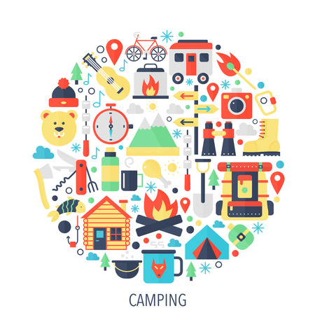 Camping flat infographics icons in circle - color concept illustration for Camping mountains cover, emblem, template.の写真素材