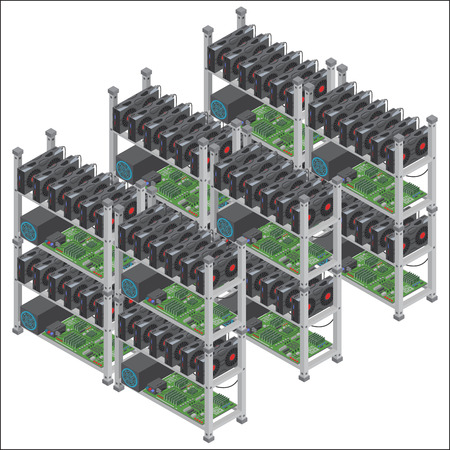 Several isometric vector crypto currency mining farms concept with graphic video cards, isolated.のイラスト素材