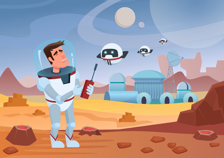 Vector illustration of cheerful cartoon astronaut standing and controlling drones.のイラスト素材