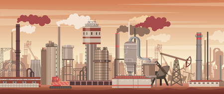 Vector chemical industrial landscape background. Industry, chemistry factory. Polluting environment.のイラスト素材