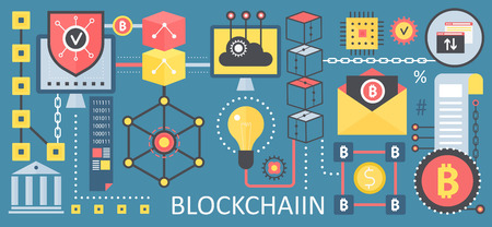 Bitcoin, cryptocurrency and blockchain network technology concept icons. Vector blockchain posterのイラスト素材
