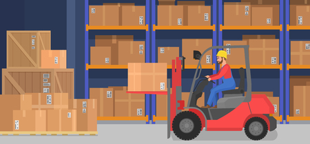 Industrial modern warehouse interior with delivery boxes shelves goods and pallet trucks. Cargo company storage and logistics concept.のイラスト素材
