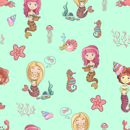 Vector hand drawing cute little mermaid princess with marine seamless pattern background.のイラスト素材