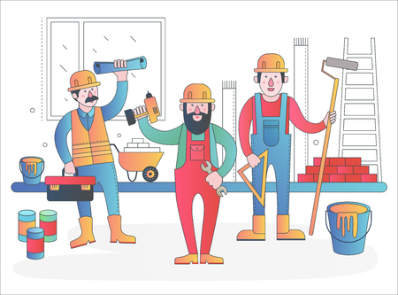 Home workers vector characters team. Friendly workers in workwear uniform standing together. Modern flat gradient line vector illustration.のイラスト素材