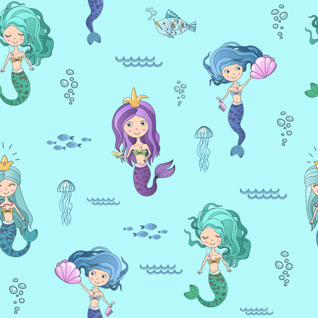 Vector hand drawing cute little mermaid princess seamless pattern background.のイラスト素材