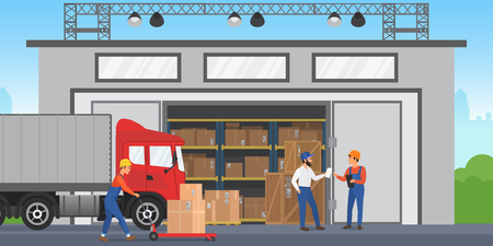 Vector Warehouse workers are arranging goods on the shelves. Warehouse exterior building wirh cargo truck.のイラスト素材