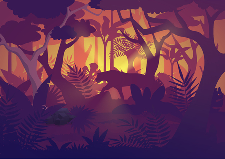 A high quality horizontal tropical rainforest Jungle background with tiger jaguar.のイラスト素材