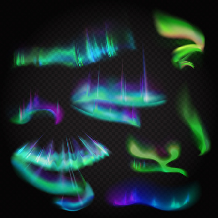 Realistic vector northern lights set. Amazing aurora borealis night polar sky on alpha stransparent background.のイラスト素材
