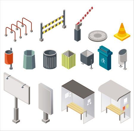 Isometric design of arranged set with urban trash cans and signboards with bus stops and restriction signs on white backgroundのイラスト素材