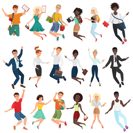 Jumping and dancing happy young people in casual and formal clothes. Flat cartoon vector jump characters setのイラスト素材