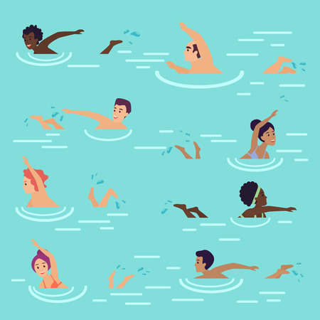 Vector cartoon flat summer seamless pattern with people swimming in the sea or pool. Swimmers in waterのイラスト素材