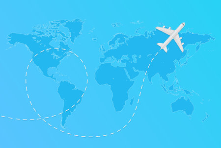 Vector world map with flying airplane and dashed line Aircraft travel concept.