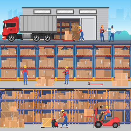 Vector horisontal flat concept banners with warehouse inside and outside with workers, trucks and boxes goodsのイラスト素材