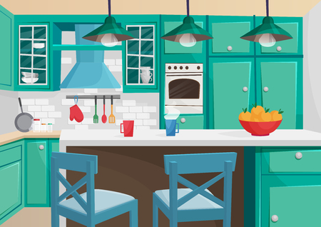 Vector cartoon volumetric illustration of cozy vintage retro kitchen interiorのイラスト素材