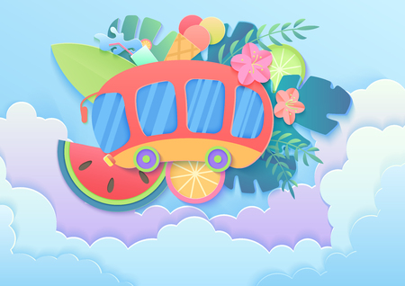 Vector trendy gradient paper style summer vacation concept with bus in clouds, fruits, cocktail, ice cream, palm tropical leaves and flowersのイラスト素材