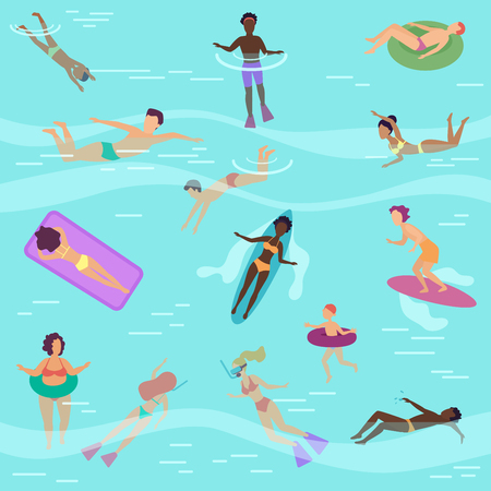 Vector flat cartoon people in sea or ocean swimming, diving, sunbathing on floating air mattres.の写真素材