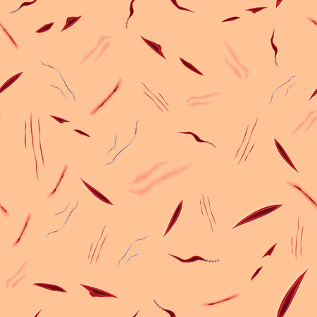 Seamless halloween pattern of surgical vector stitches, scars, bruise and slaughters on the skinのイラスト素材