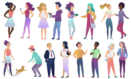 Vector set of young male and female people in casual clothes communicate with each other. Modern...