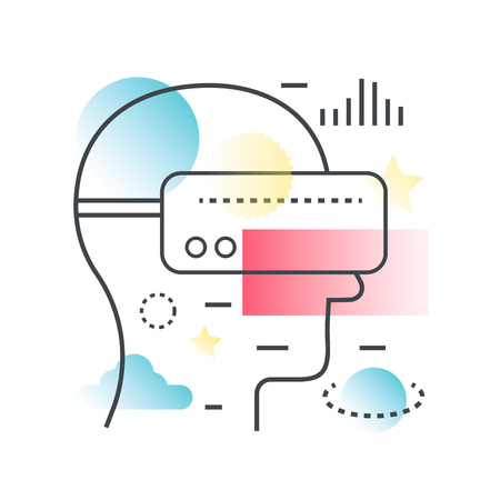 Virtual reality VR headset display with human head concept. Trendy gradient color line illustrationのイラスト素材