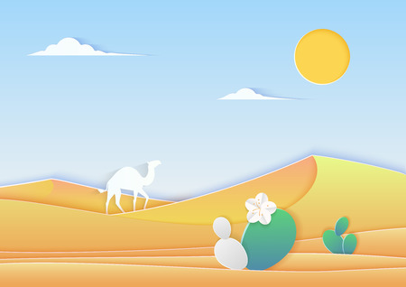 Trendy paper cuted style desert landscape with camel and cactus vector illustration.のイラスト素材