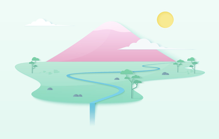 Trendy soft gradient clean world illustration concept with mountain, river, trees and waterfall. Japanese style pink mountain on island template posterのイラスト素材