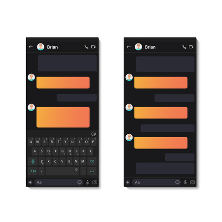 Dark chat app template whith mobile keyboard and text chat bubbles. Social network message vector illustrationのイラスト素材