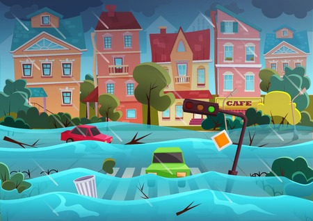 Flood natural disaster in cartoon city concept. City floods and cars with garbage floating in the water. Storm city landscape background for poster or card.のイラスト素材