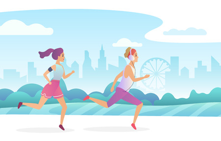 Happy couple running in the city public park. Trendy gradient flat style vector illustrationのイラスト素材