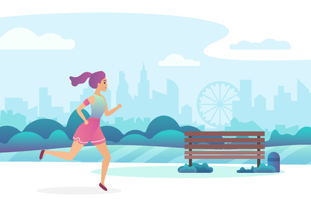 Trendy gradient color illustration of a beautiful girl jogging in the public park.のイラスト素材