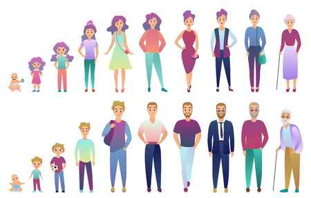 People male and female aging process. From baby to elderly person growing set. Trendy fradient color style vector illustrationの販売画像