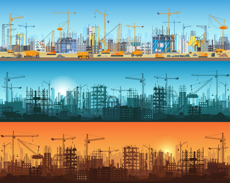 Horizontal banner of city or website construction. Tractors, grader, bulldozers, excavators and tower cranes with skyscraper under construction. Silhouette and trendy flat vector illustrationのイラスト素材