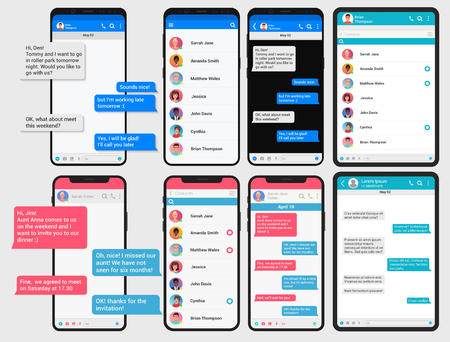 Social network concept. Chating phone and pad table screen templates set. Messenger window. Chating and messaging concept mock up for any ui presentation.のイラスト素材