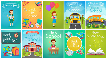 Back to School card template banners set, school bus, kids, chalkboards, book, education equipment vector illustrationのイラスト素材
