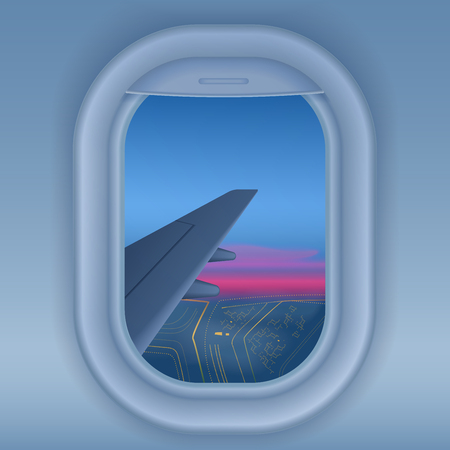 Airplane window at night. Night city from sky view. Long journey trip concept vector illustration.のイラスト素材